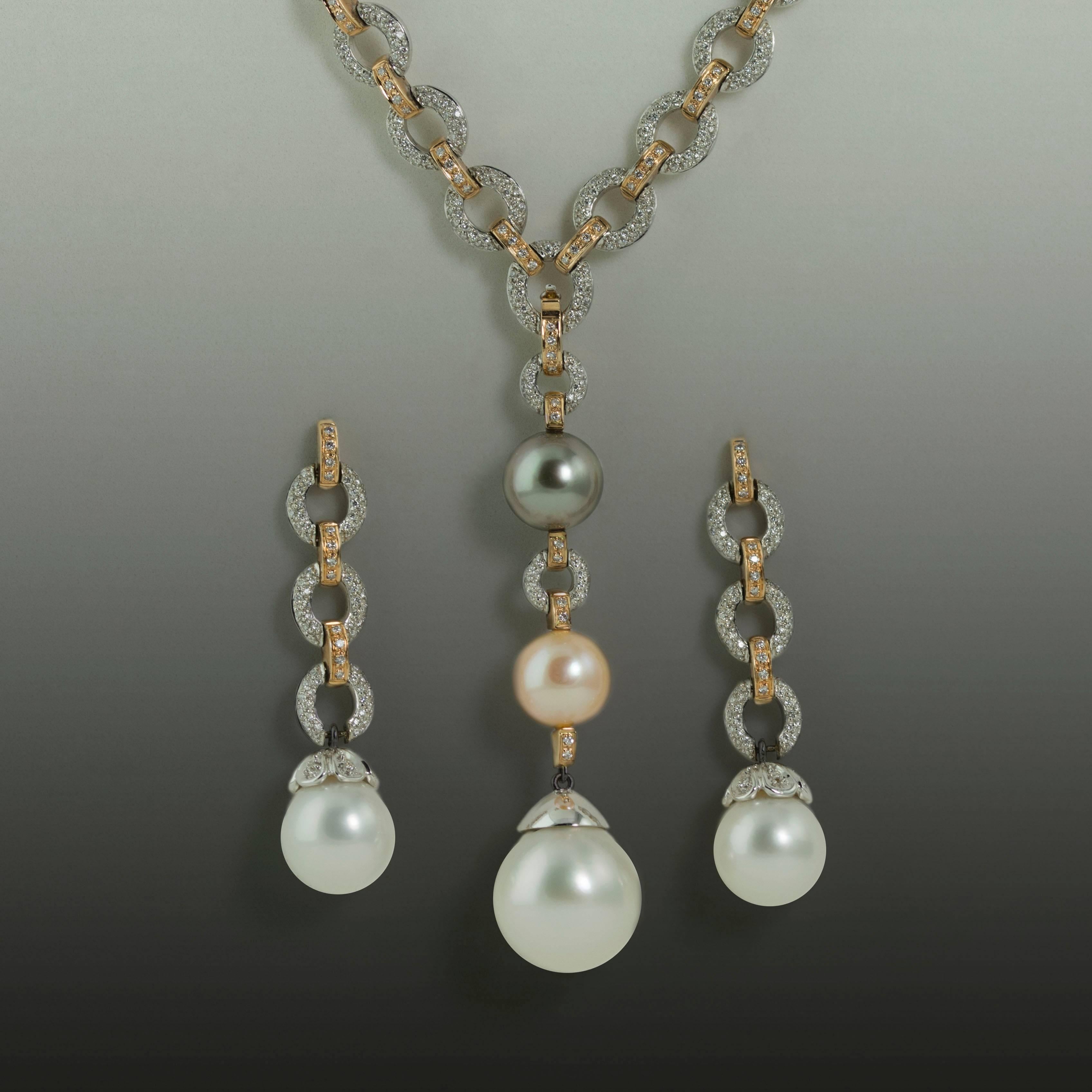 South Sea Pearl Diamond Two Color Gold Necklace and Earring Suite In Excellent Condition In Sarasota, FL
