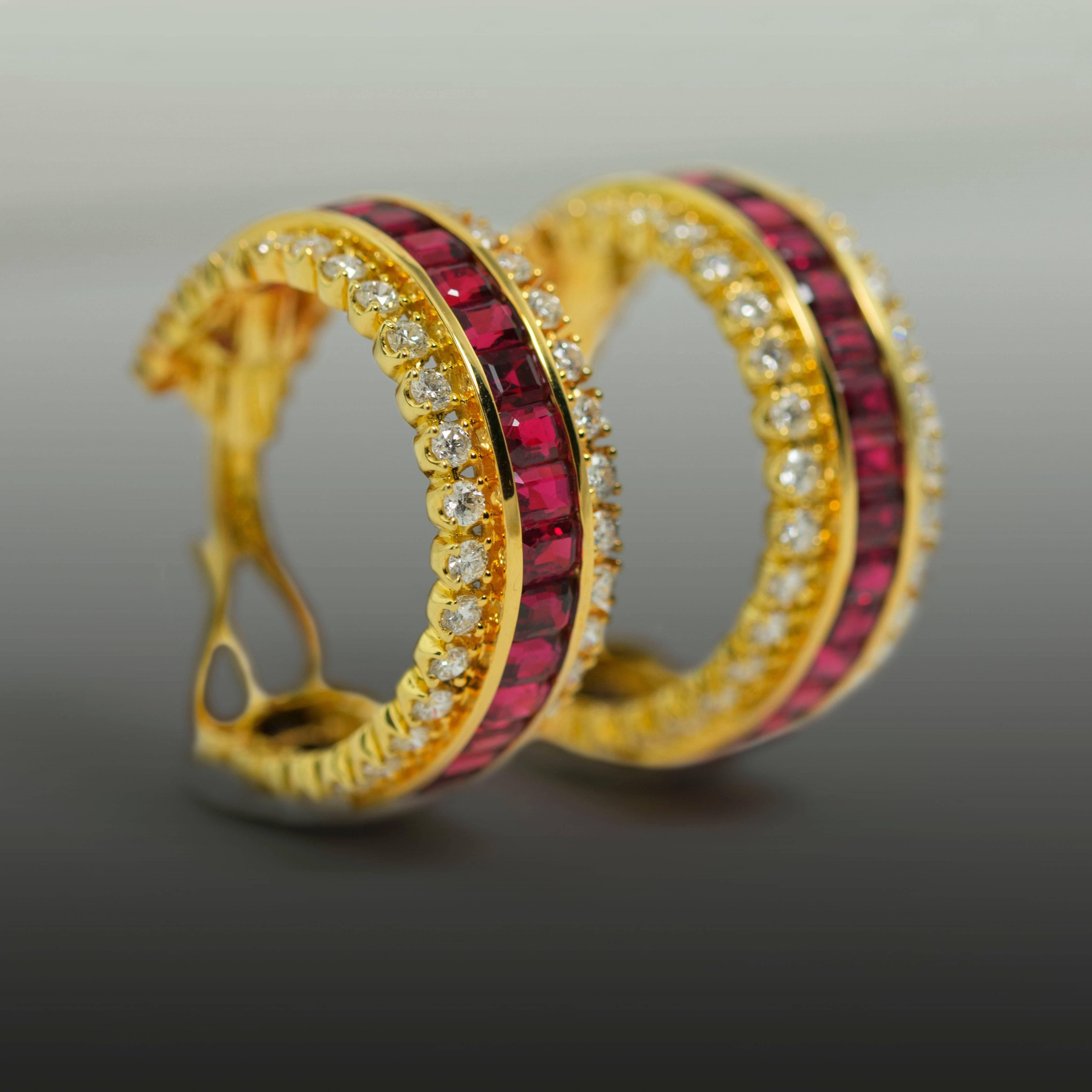 Modern Ruby Diamond Gold Hoop Earrings