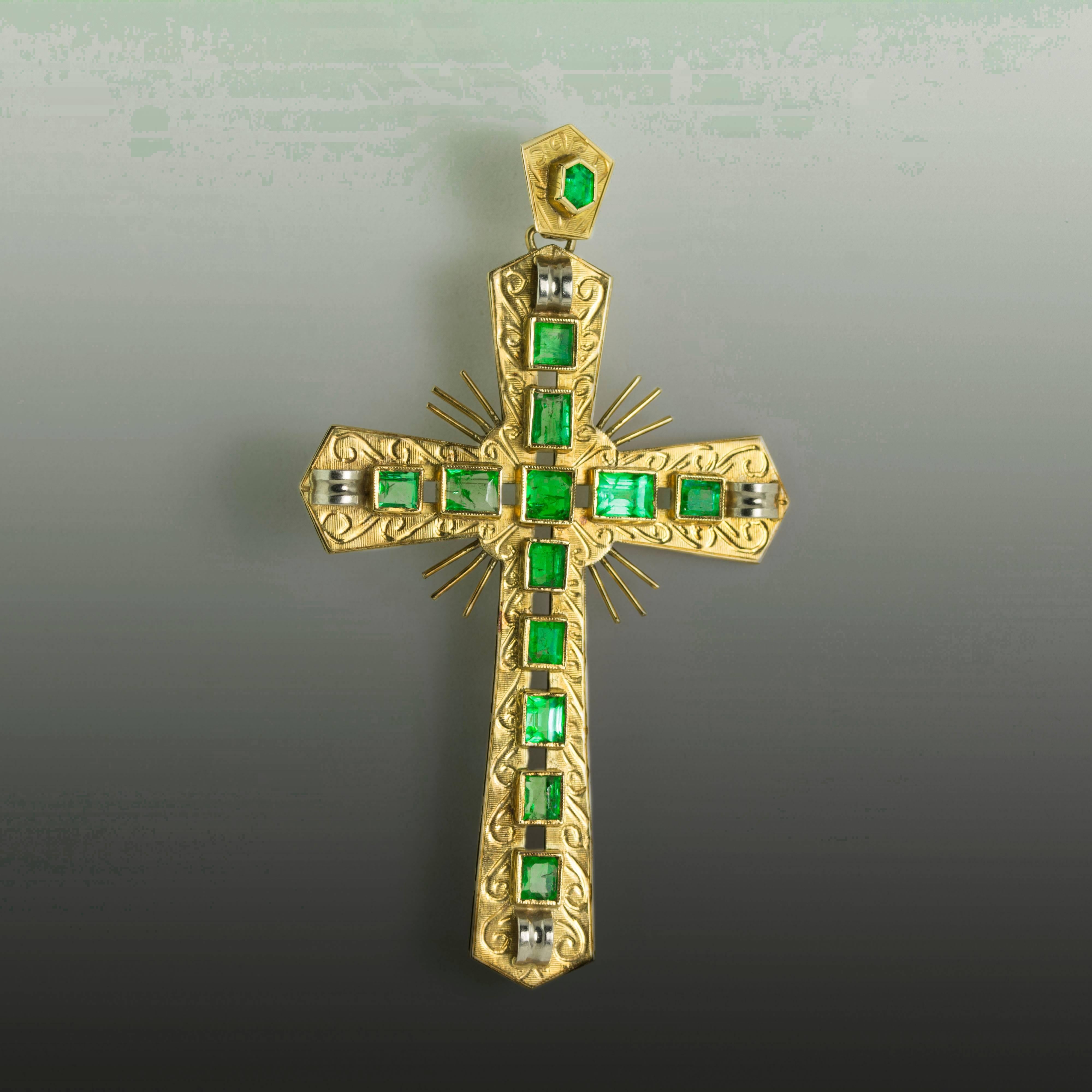 18k Yellow gold Cross with 13 Colombian emeralds weighing approximately  5.00 carats 