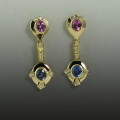 Pink and Blue Sapphire Diamond Gold Drop Earrings