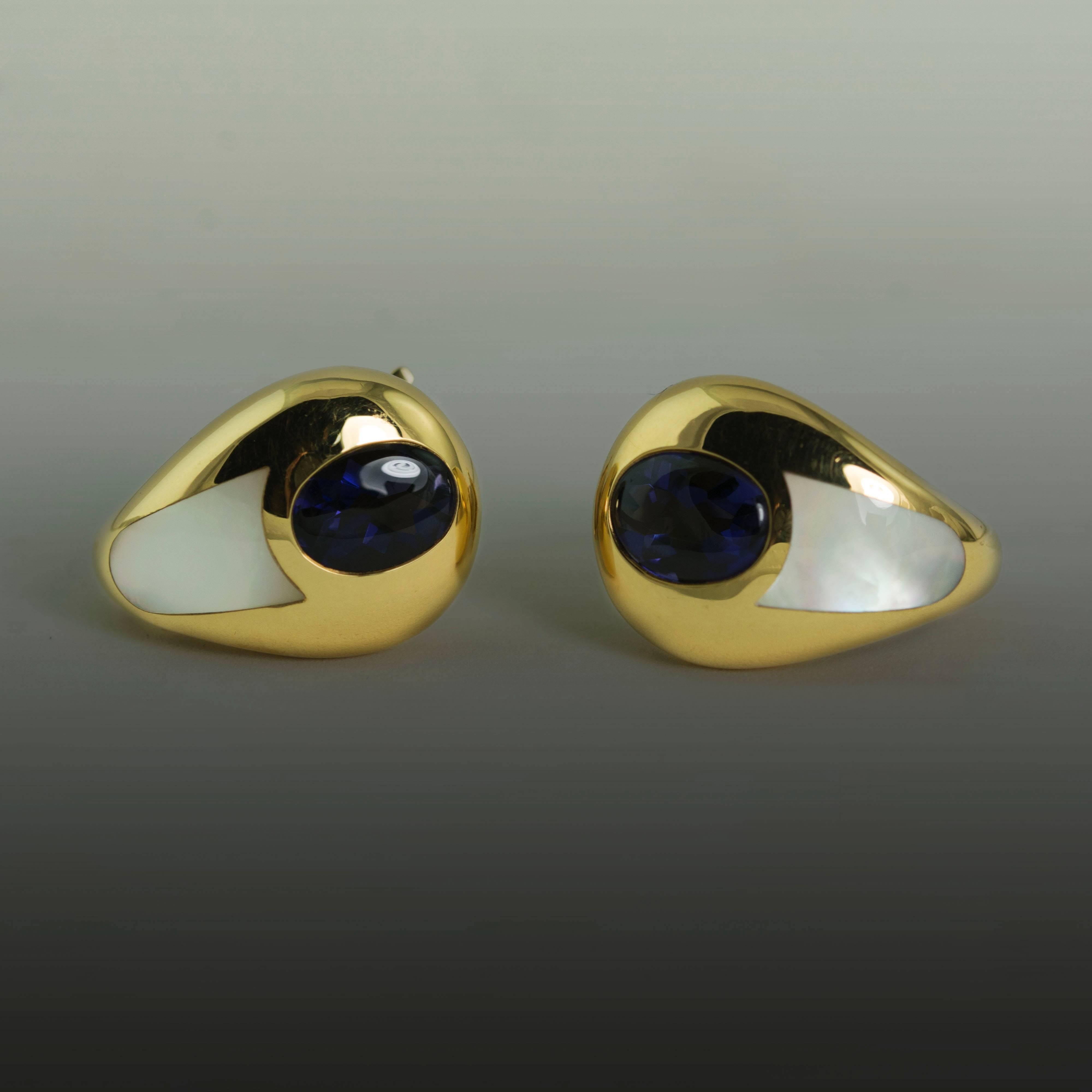 18K Maubossin Iolite and Mother of Pearl Earrings. 