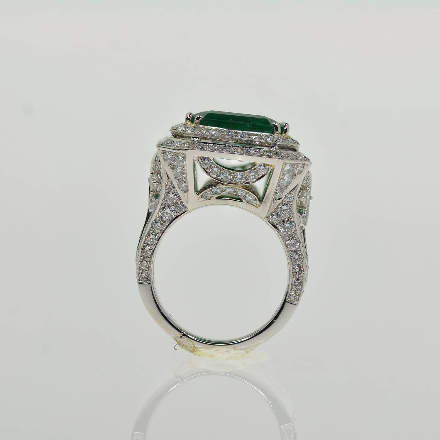 Women's or Men's Gubelin Cert 6.81 Carat Emerald Diamond Platinum Ring  For Sale