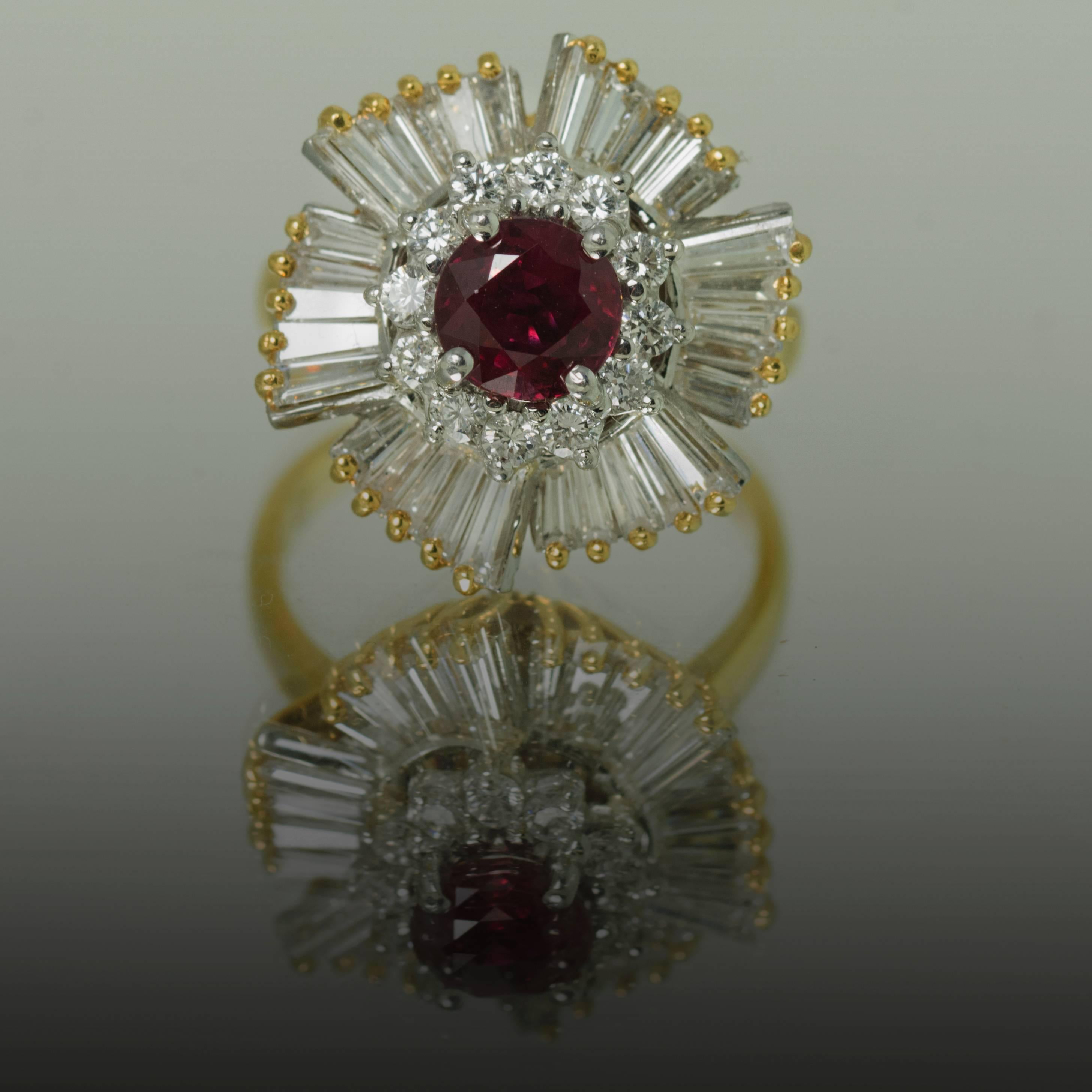 18K Ruby Ring, 1 Deep Red, Very clean Thai Ruby Weighing 1.25 Carats and 42 Diamonds Weighing 2.15 Carats. 