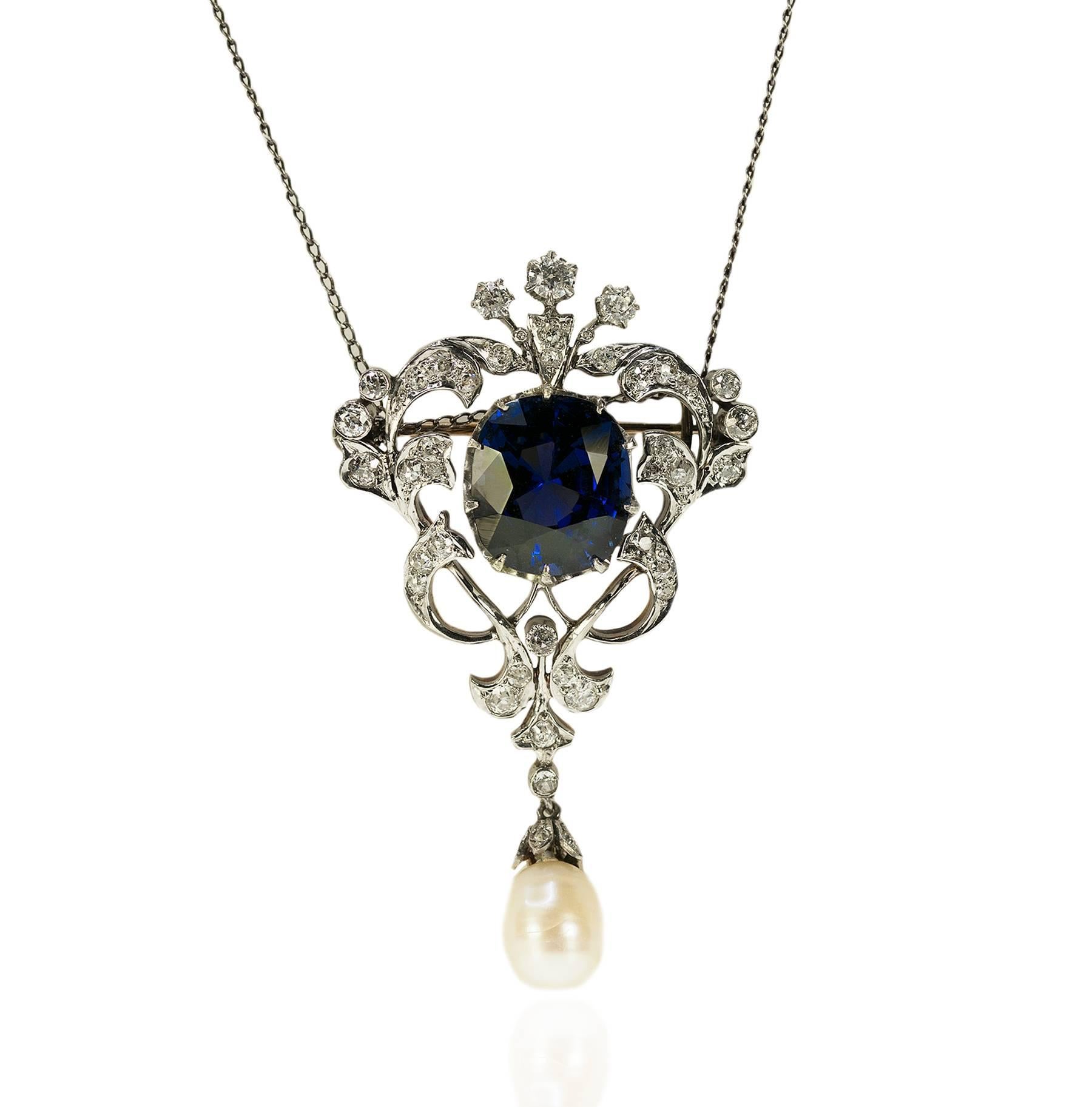 Edwardian AGL Certified Cobalt Blue Spinel Diamond Natural Pearl Necklace In Excellent Condition In Sarasota, FL