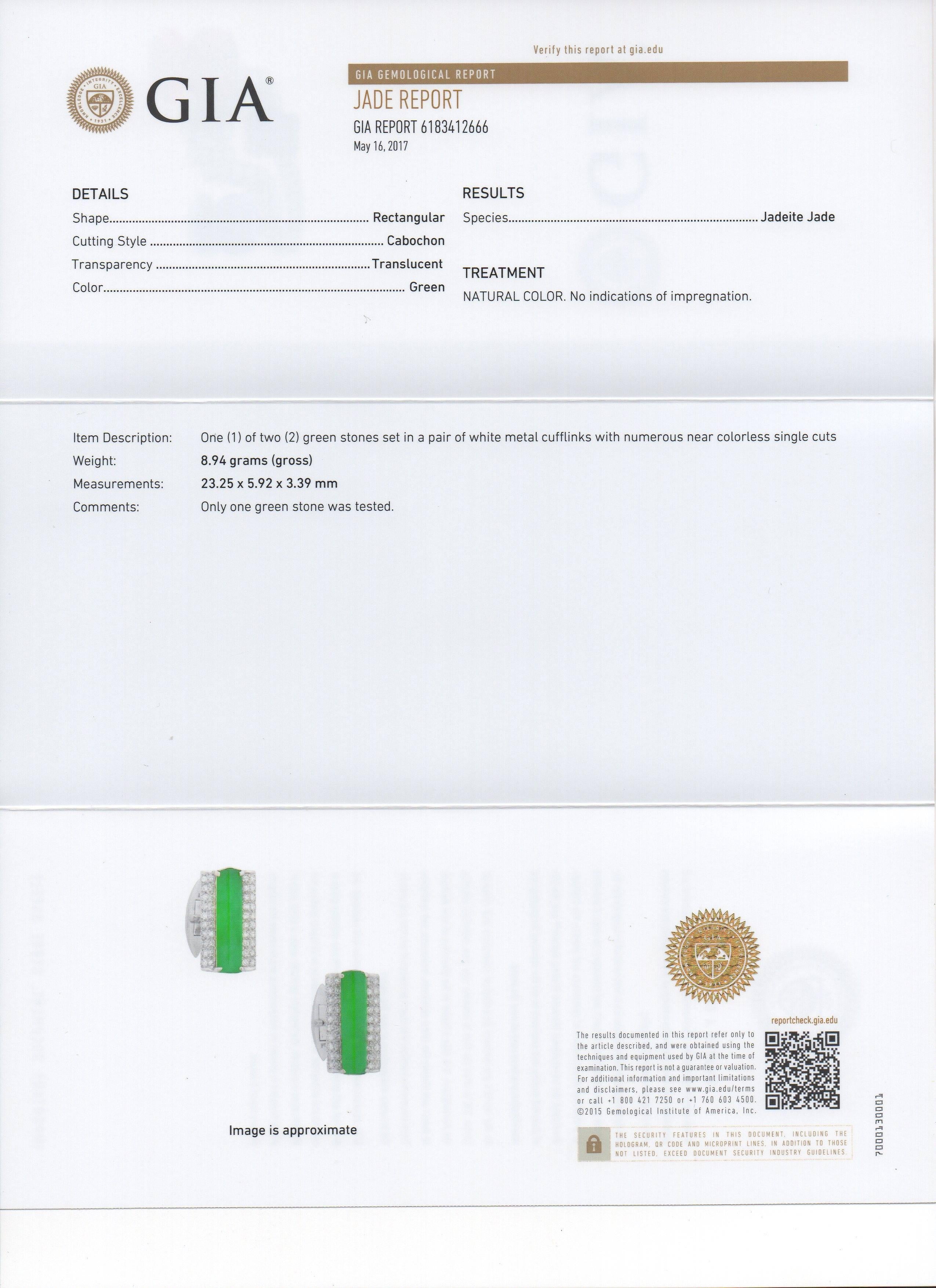 Women's or Men's GIA Certified Imperial Jade Diamond Platinum Cufflinks