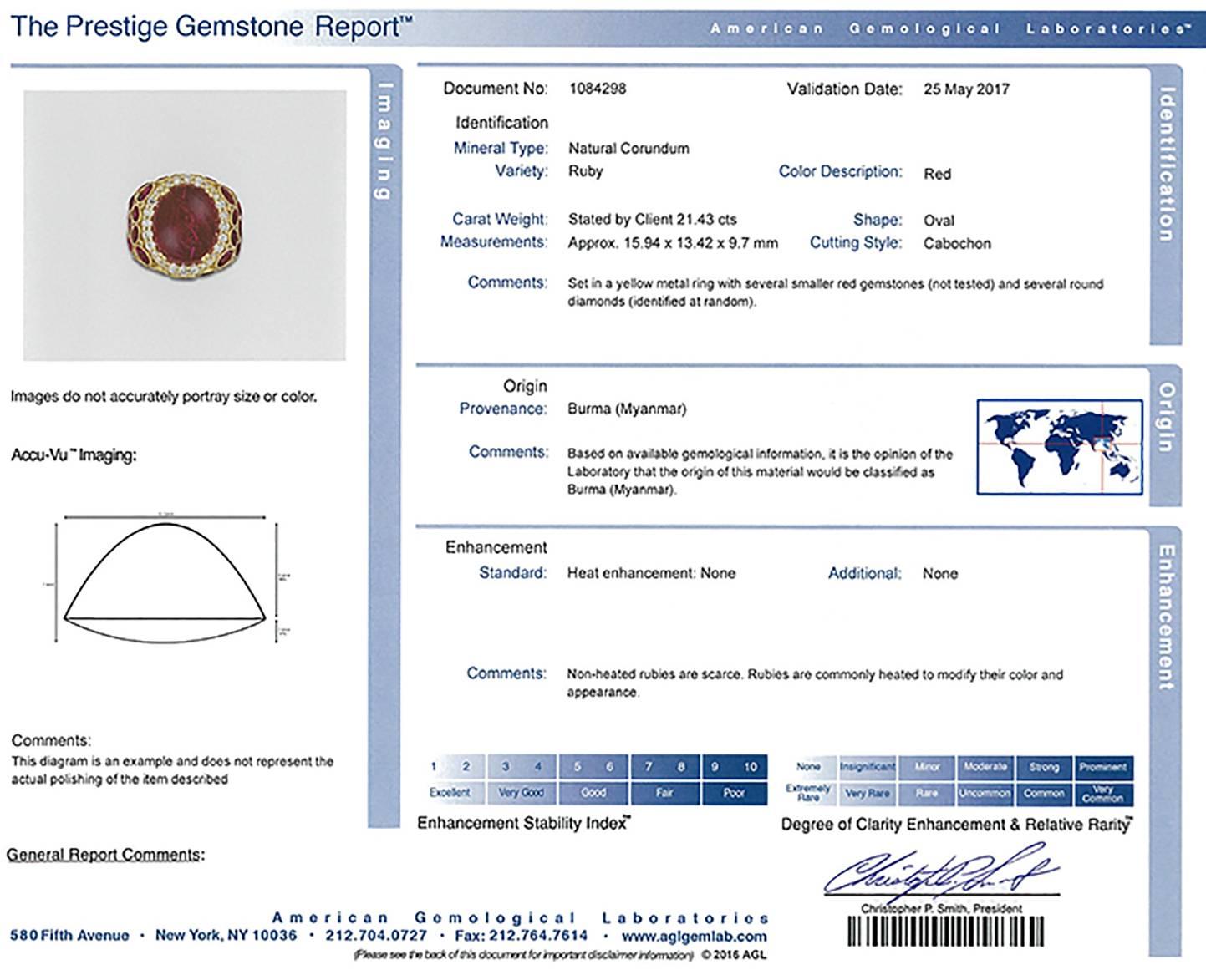21.43 Carat AGL Certified No Heat Burma Ruby Diamond Gold Ring 2