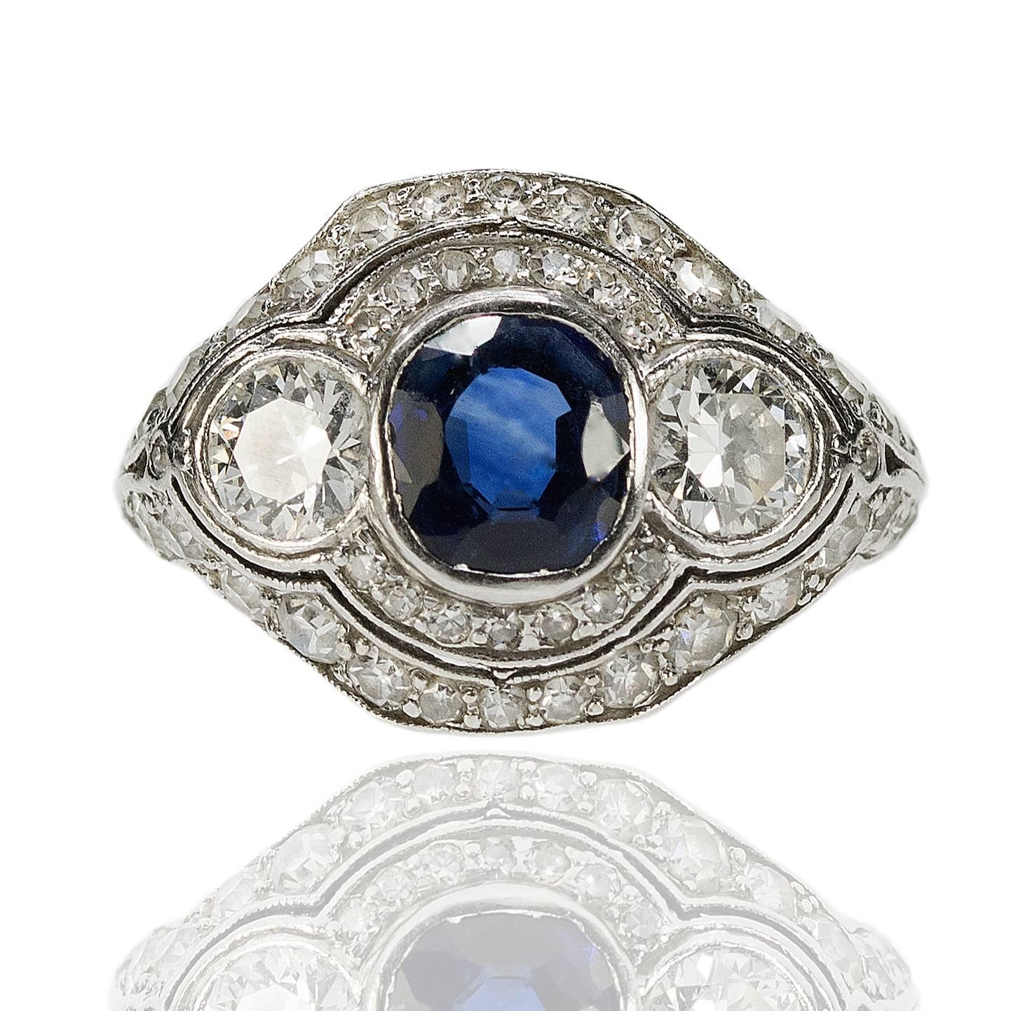 Art Deco AGL Certified Unheated Sapphire Diamond Platinum Ring 1