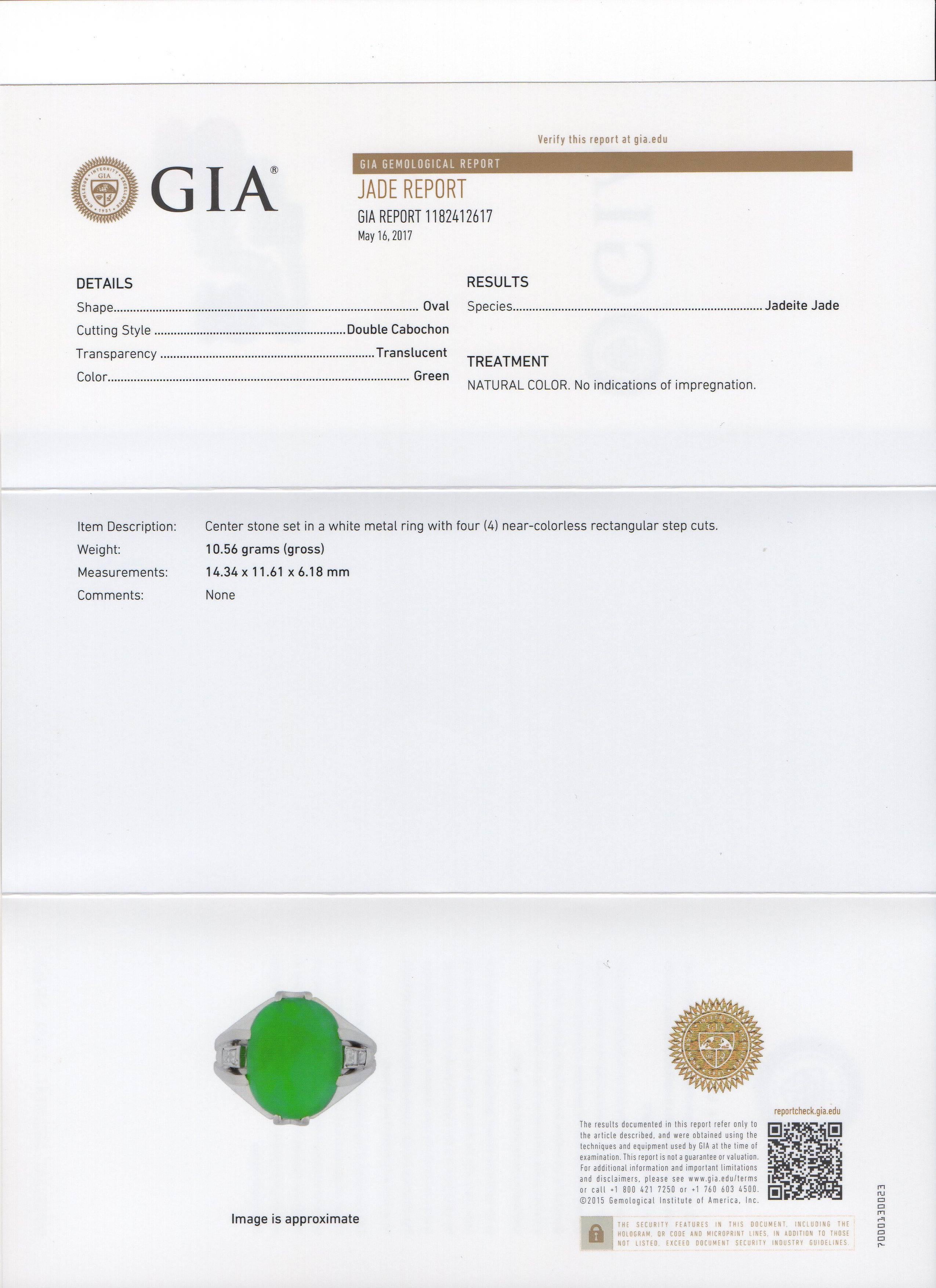 No Treatment GIA Certified Jadeite Jade Diamond Platinum Ring  2
