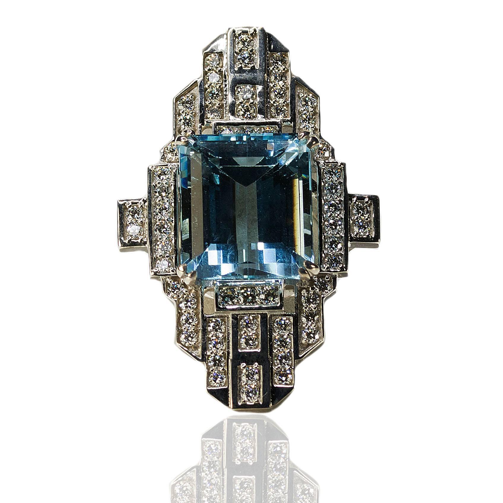 GIA certified 21.25 carat Aquamarine set in Art Deco style Platinum ring with 62 collection color/clarity round brilliant diamonds weighing 2.17 carats, 29.49g