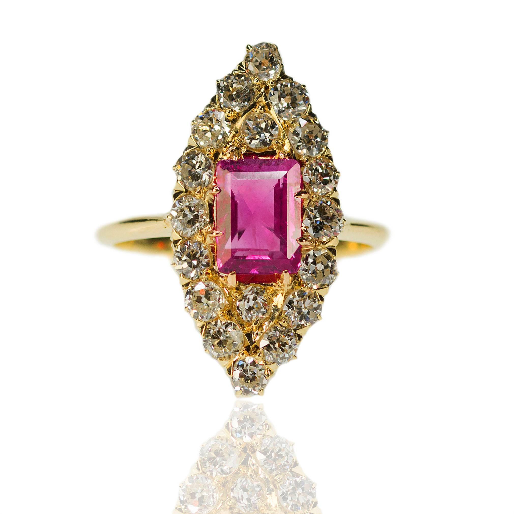 AGL Certified 2.12 Burma No Heat Pink Sapphire set in Edwardian 18k mounting with 18 Old Euro's weighing approximately 1.80 carats 5.24g
