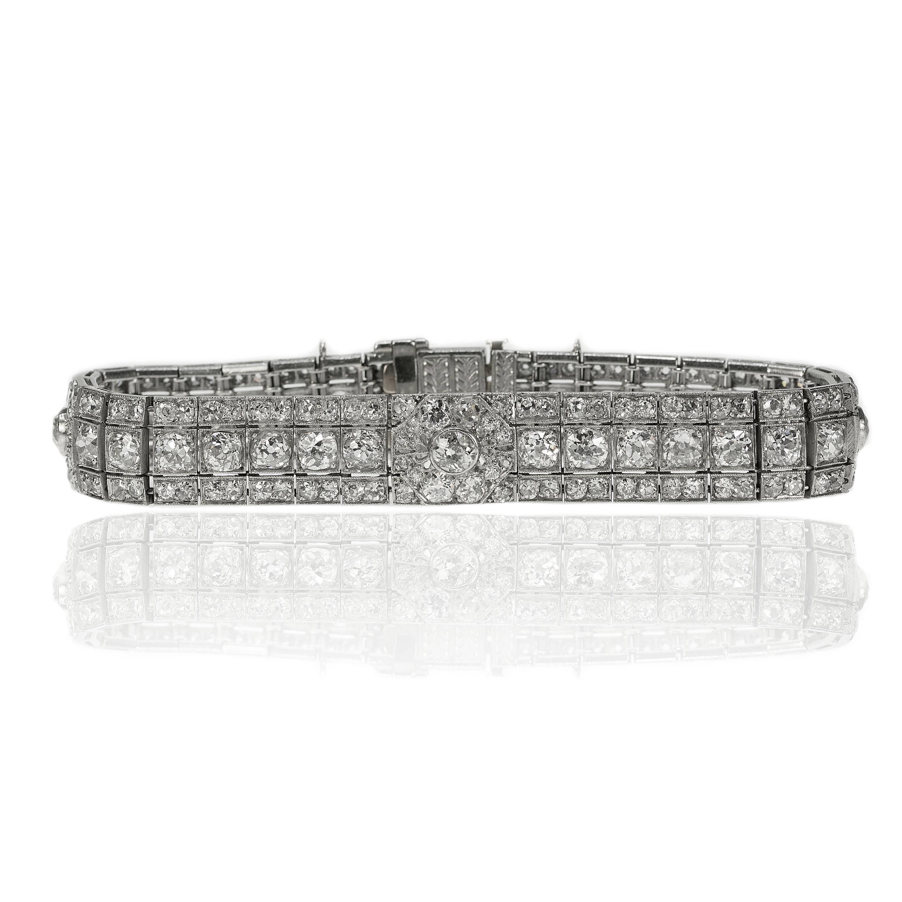 Pristine Art Deco Platinum Bracelet circa 1930's containing 208 old european cut diamonds weighing approximately 20.00 carats. Bracelet is 7.5" long and weighs 48.36 grams.