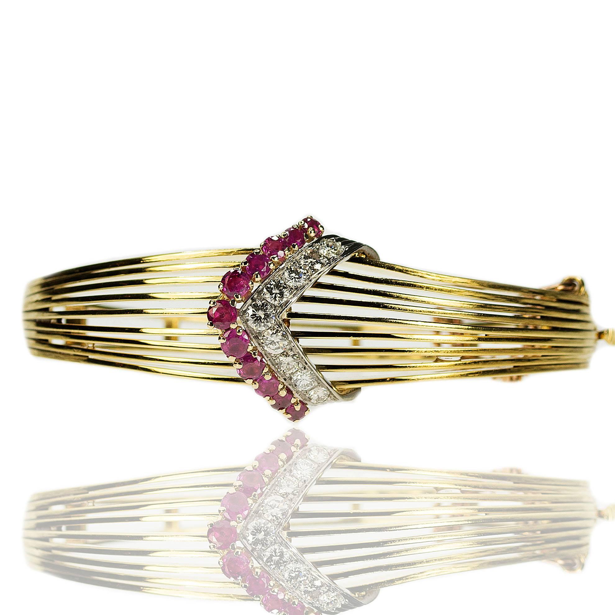 Retro Style Burma Ruby and Diamond Bangle In Excellent Condition For Sale In Sarasota, FL