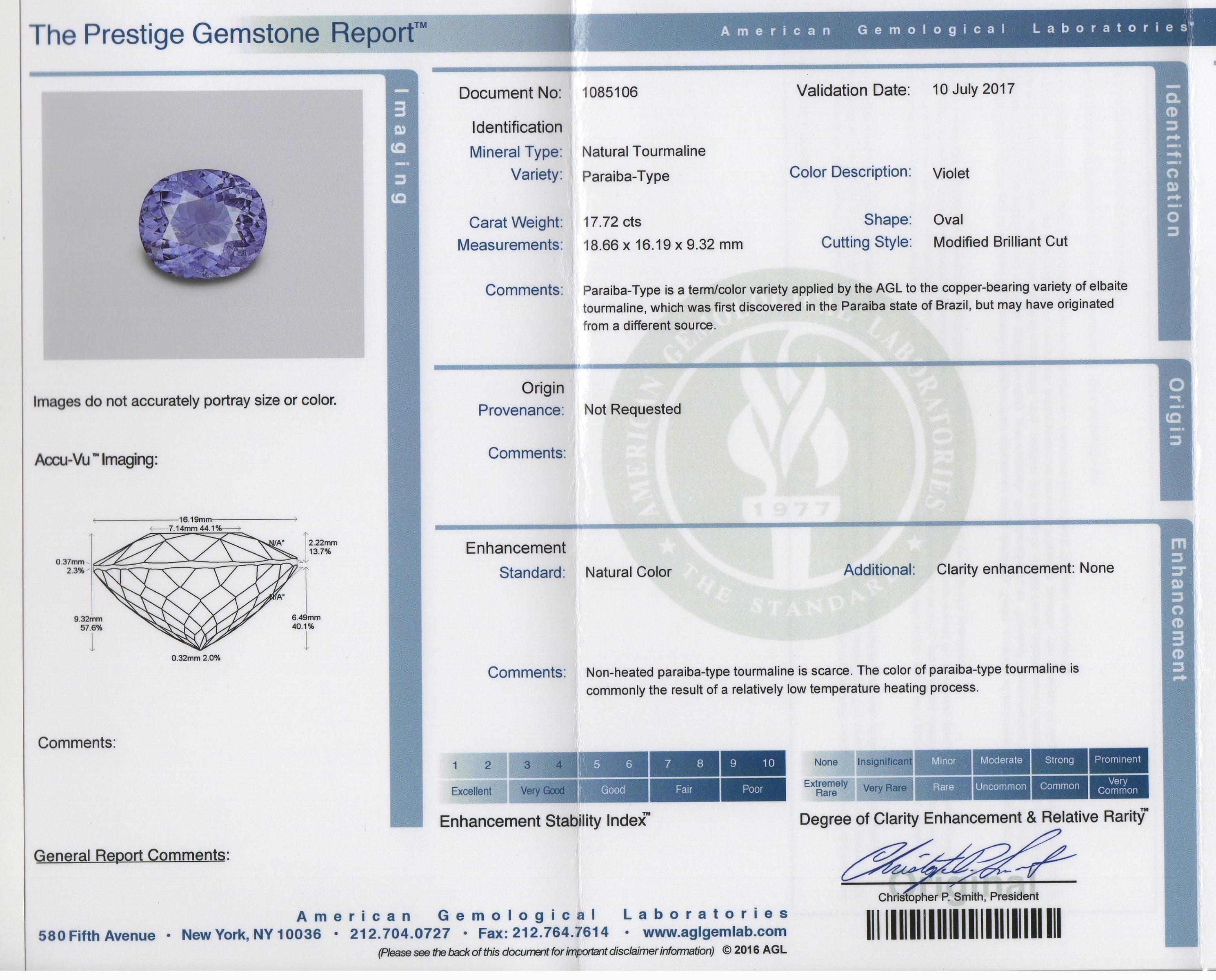AGL Certified 17.72 Carat Lavender Cuprian Paraiba Type Tourmaline Diamond Ring In New Condition In Sarasota, FL
