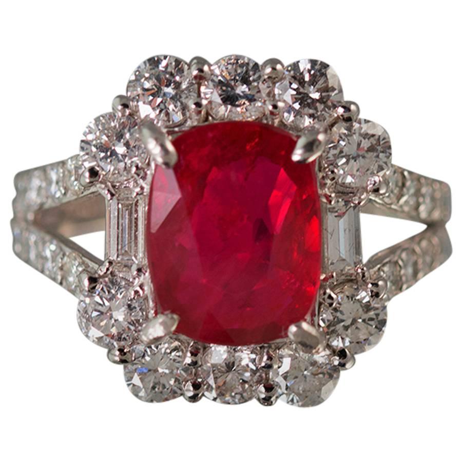 Stunning No Heat GIA Certified Ruby Diamond Platinum Ring For Sale