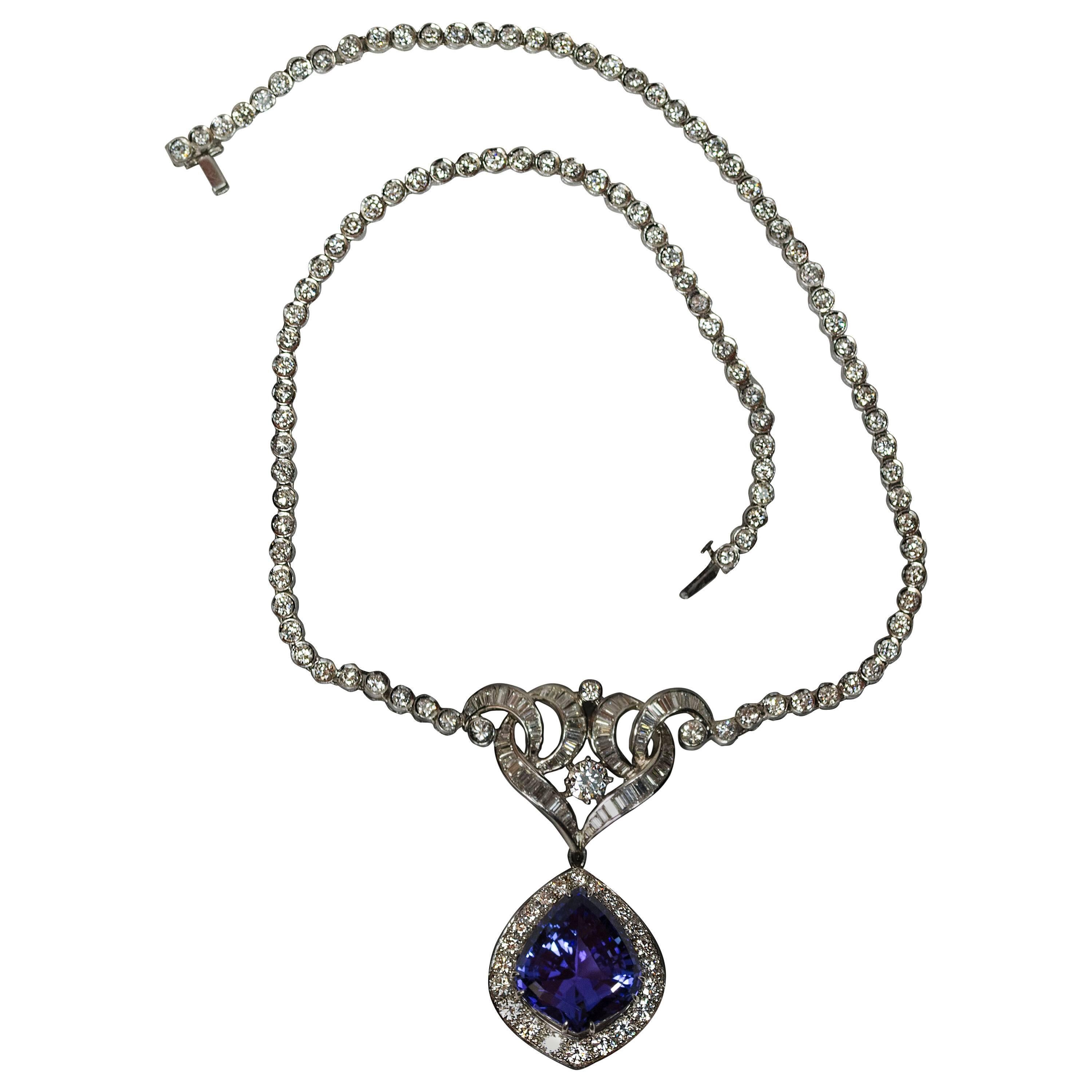 Tanzanite Drop Diamond Platinum Necklace