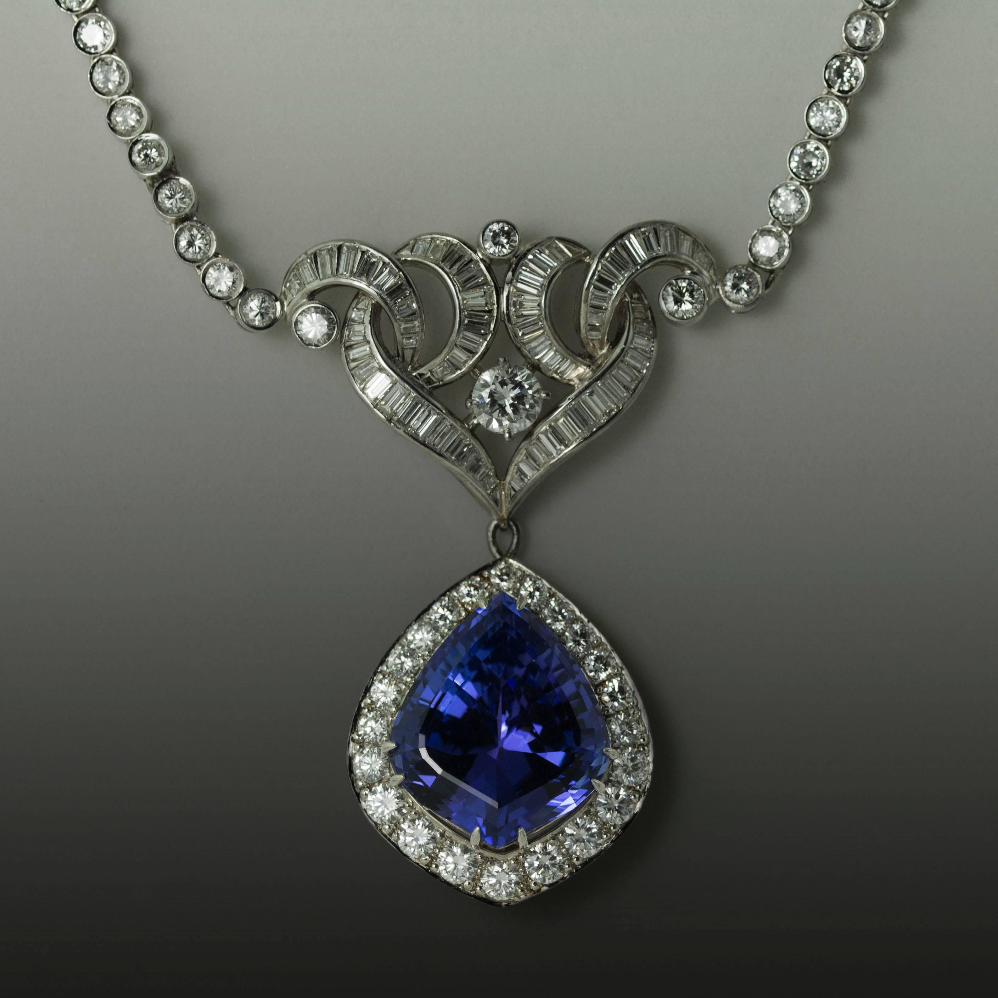 Art Nouveau Tanzanite Drop Diamond Platinum Necklace