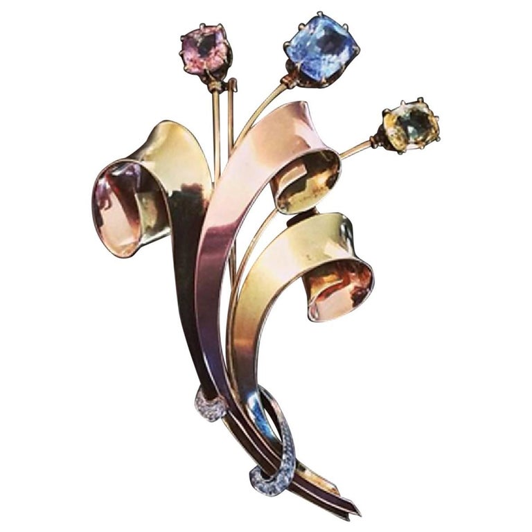 Tiffany & Co. Retro Sapphire Diamond Gold Brooch For Sale