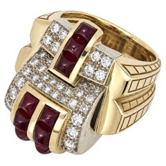 Structured retro tank 1940's ruby and diamond ring