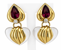 Vintage 1980 heart shaped earrings rubellite and frosted rock crystal