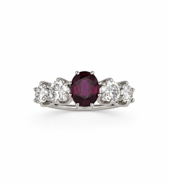 18k white gold five stone ring ruby and diamonds, 1.30 ct.