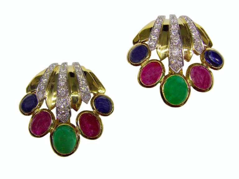 David Webb Diamond Ruby Emerald Sapphire Gold Platinum Earrings