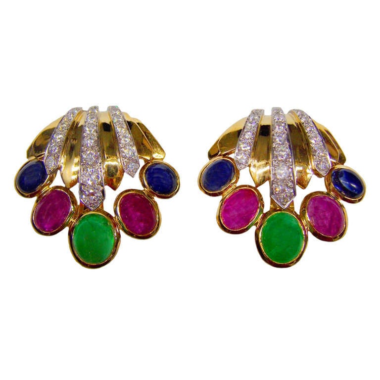 David Webb Diamond Ruby Emerald Sapphire Gold Platinum Earrings For Sale