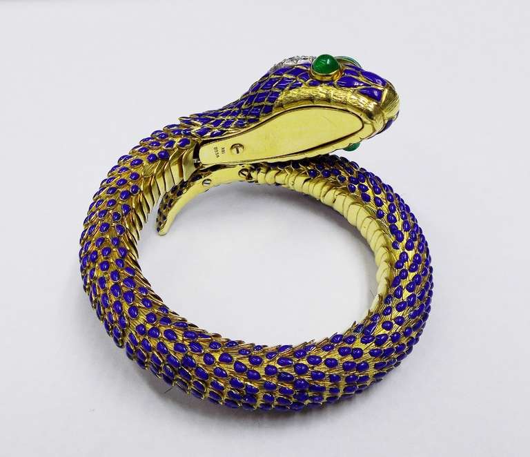 DAVID WEBB Diamond Emerald Blue Enamel Gold Snake Bangle Bracelet 2
