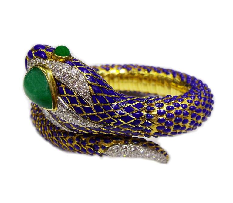 Women's DAVID WEBB Diamond Emerald Blue Enamel Gold Snake Bangle Bracelet