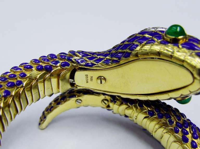 DAVID WEBB Diamond Emerald Blue Enamel Gold Snake Bangle Bracelet 1