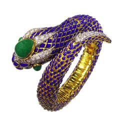 DAVID WEBB Diamond Emerald Blue Enamel Gold Snake Bangle Bracelet