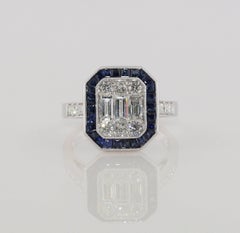 Mosaic Emerald Cut Diamond and Sapphire Engagement Ring, 18 Karat White Gold