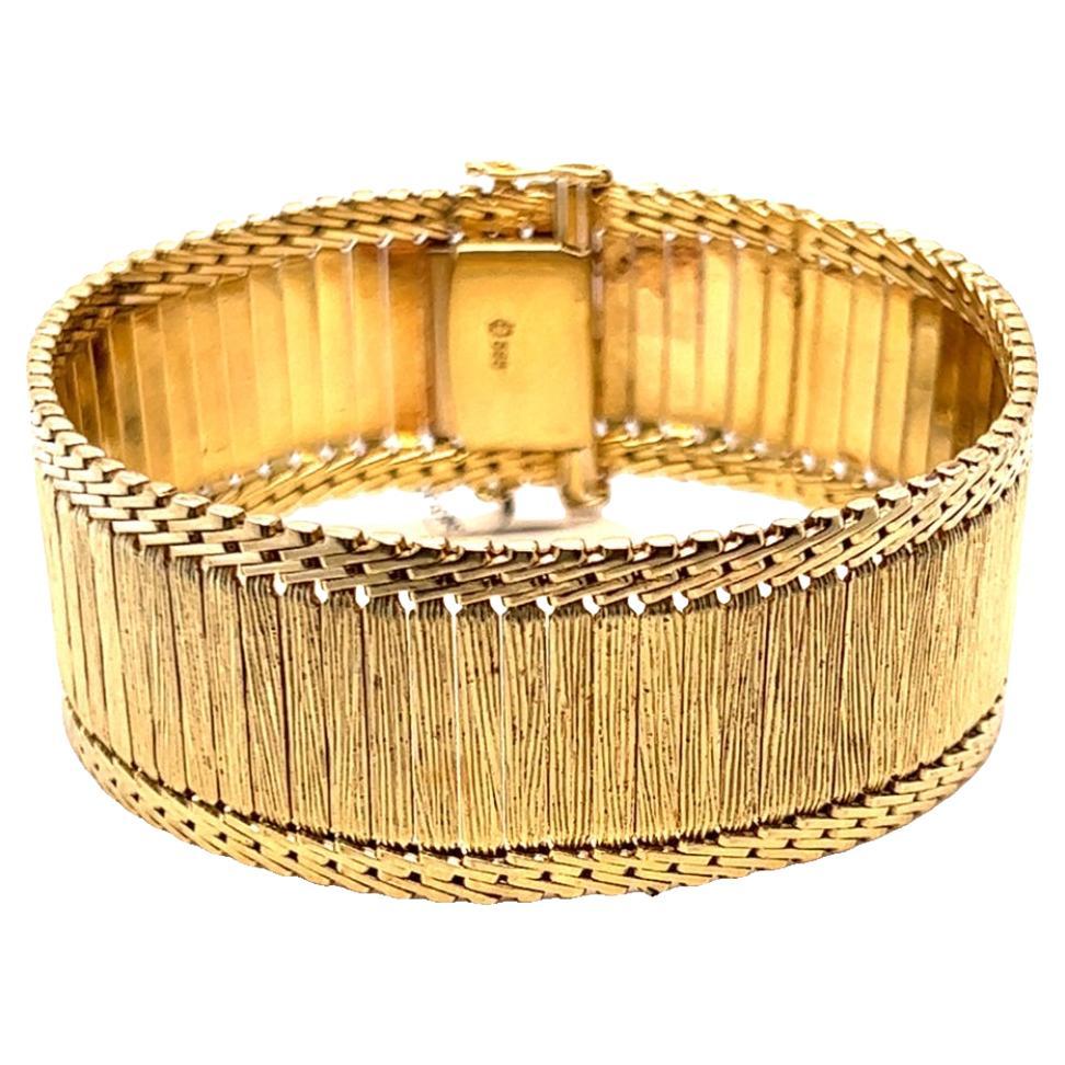 French Textured 14k Yellow Gold Retro Style Bracelet, Flexible Hinged Design