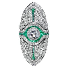 GIA Art Deco Diamond and Emerald  Brooch Ring