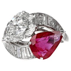Retro GIA Ruby and Diamond Pear Shape Toi et Moi Platinum Engagement Ring