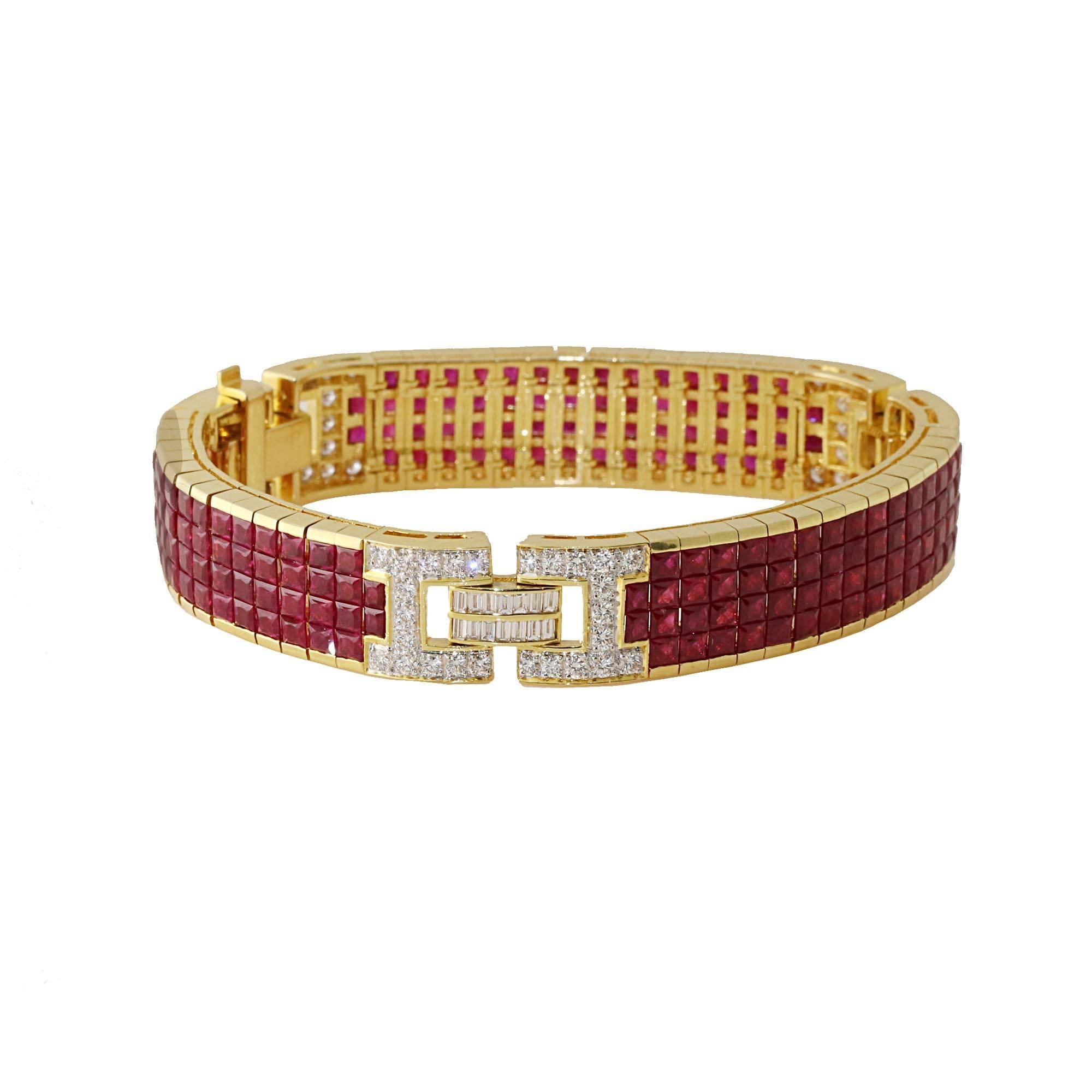 Gorgeous one of a kind Ruby and diamond yellow gold bracelet. What makes this bracelet so special is the invisibly set rubies. To invisibly set each stone is a very tedious process and is a sign of a high quality bracelet. Over 21 carats of rubies