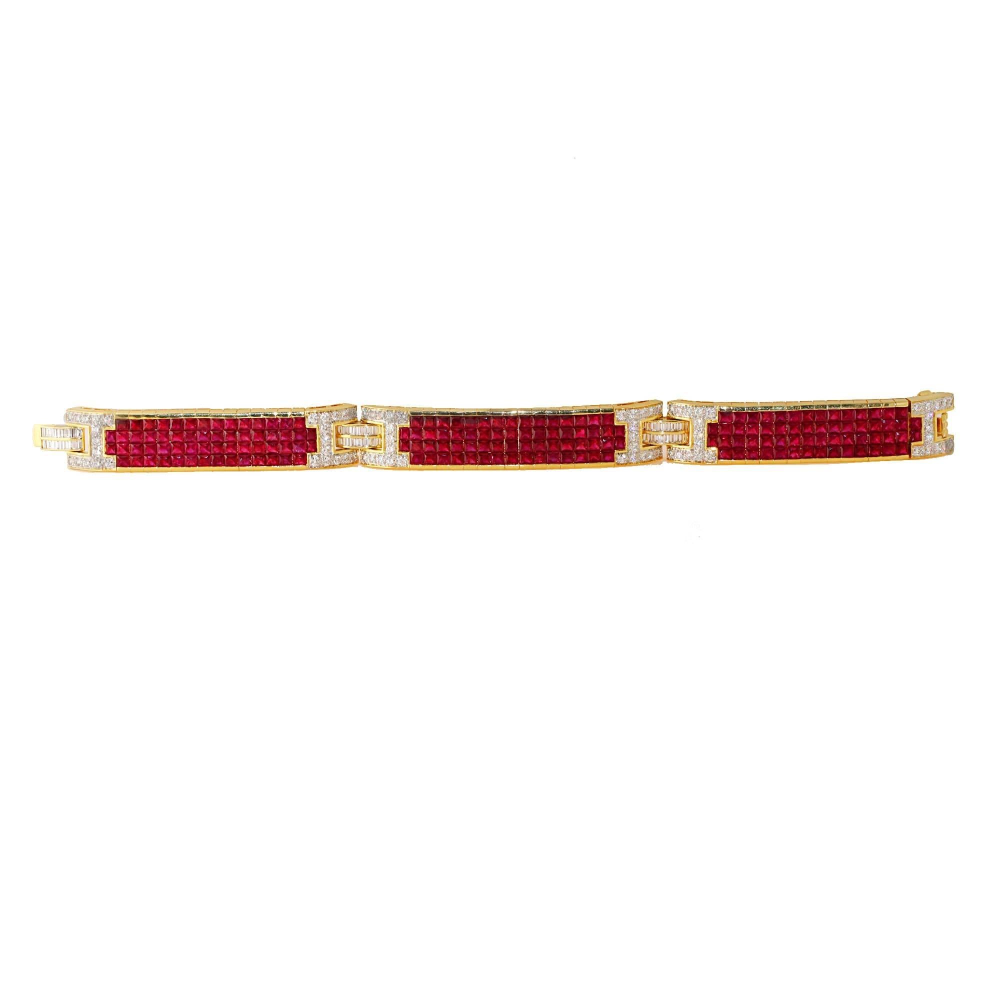 Modern 21 Carat Invisible Set Ruby Diamond Gold Bracelet