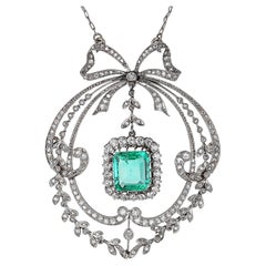 Antique Belle Époque Diamond and Emerald Pendant Necklace.
