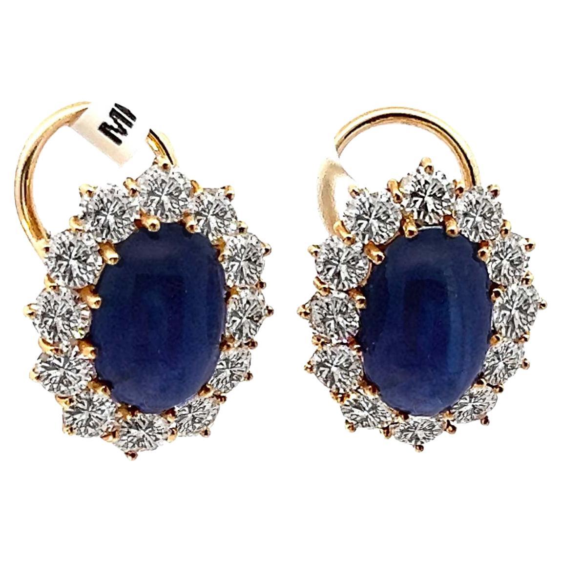 Van Cleef & Arpels 18K Yellow Gold Cabochon Blue Sapphire And Diamond Earrings For Sale