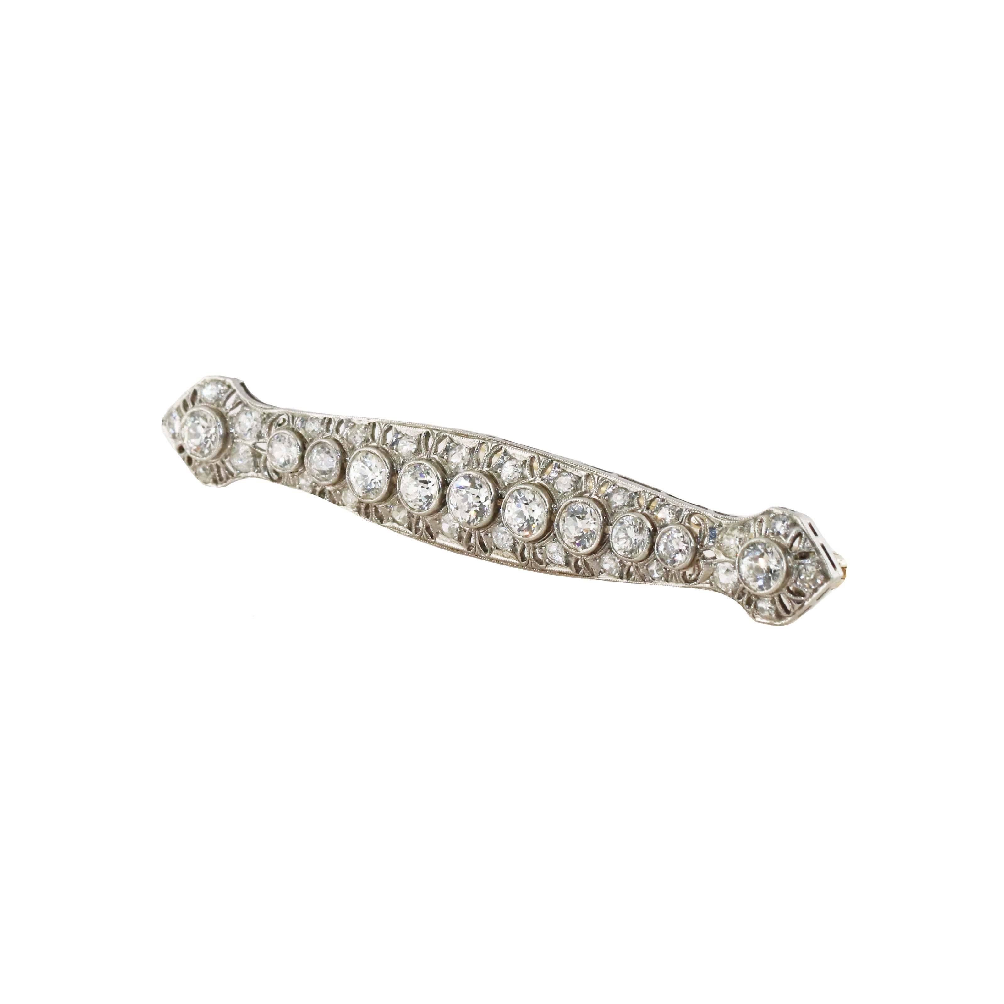 Looking to make a statement? This antique diamond brooch pin is a sure win! Over 3 carats of old European cut diamonds set in platinum. Outside the larger 3 carats of Old European diamonds, you have over 1/4 carat of smaller Old European diamonds