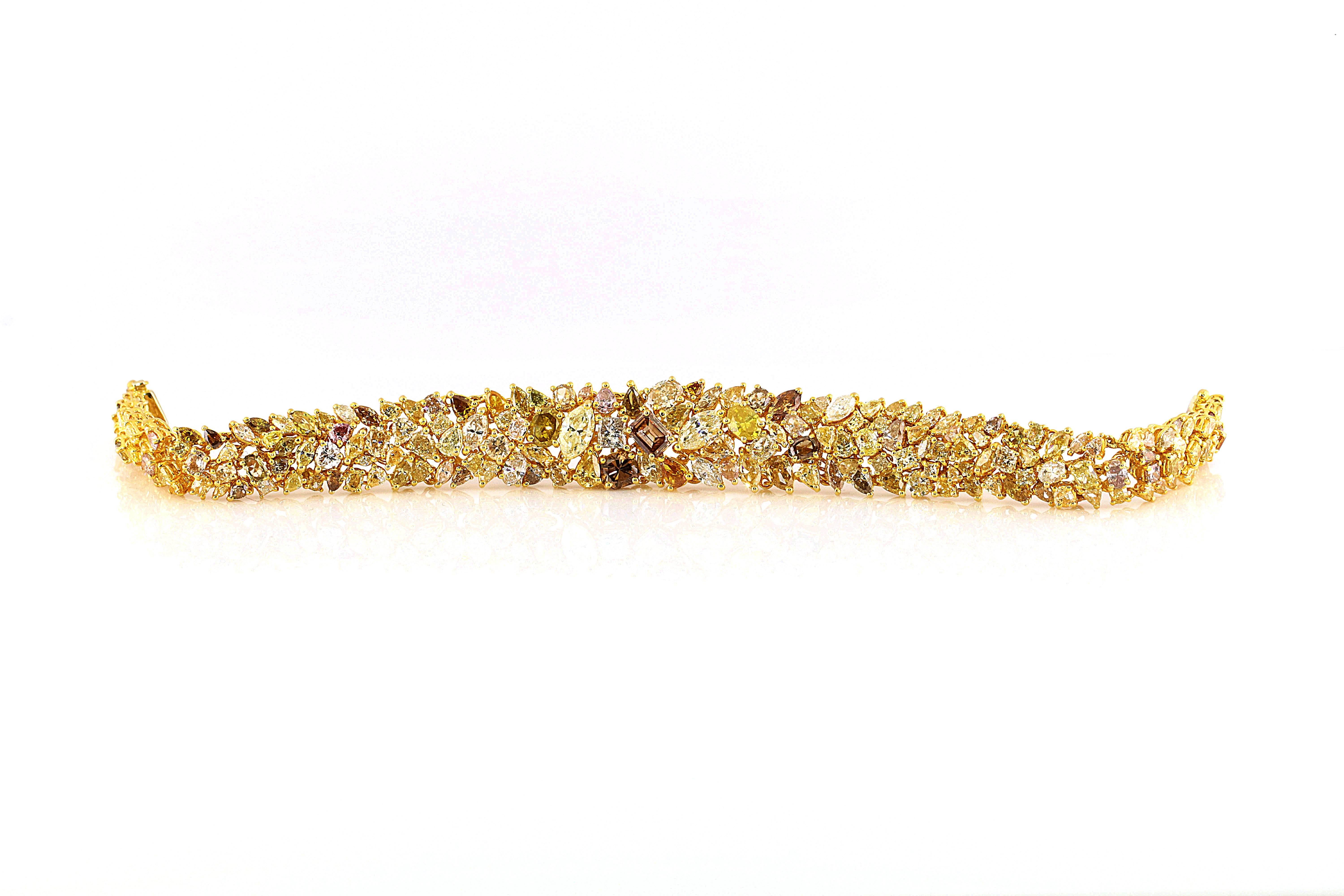 Modern 20.25 Carat Natural Fancy Colored Diamond Yellow Gold Bracelet. Retail $46, 500
