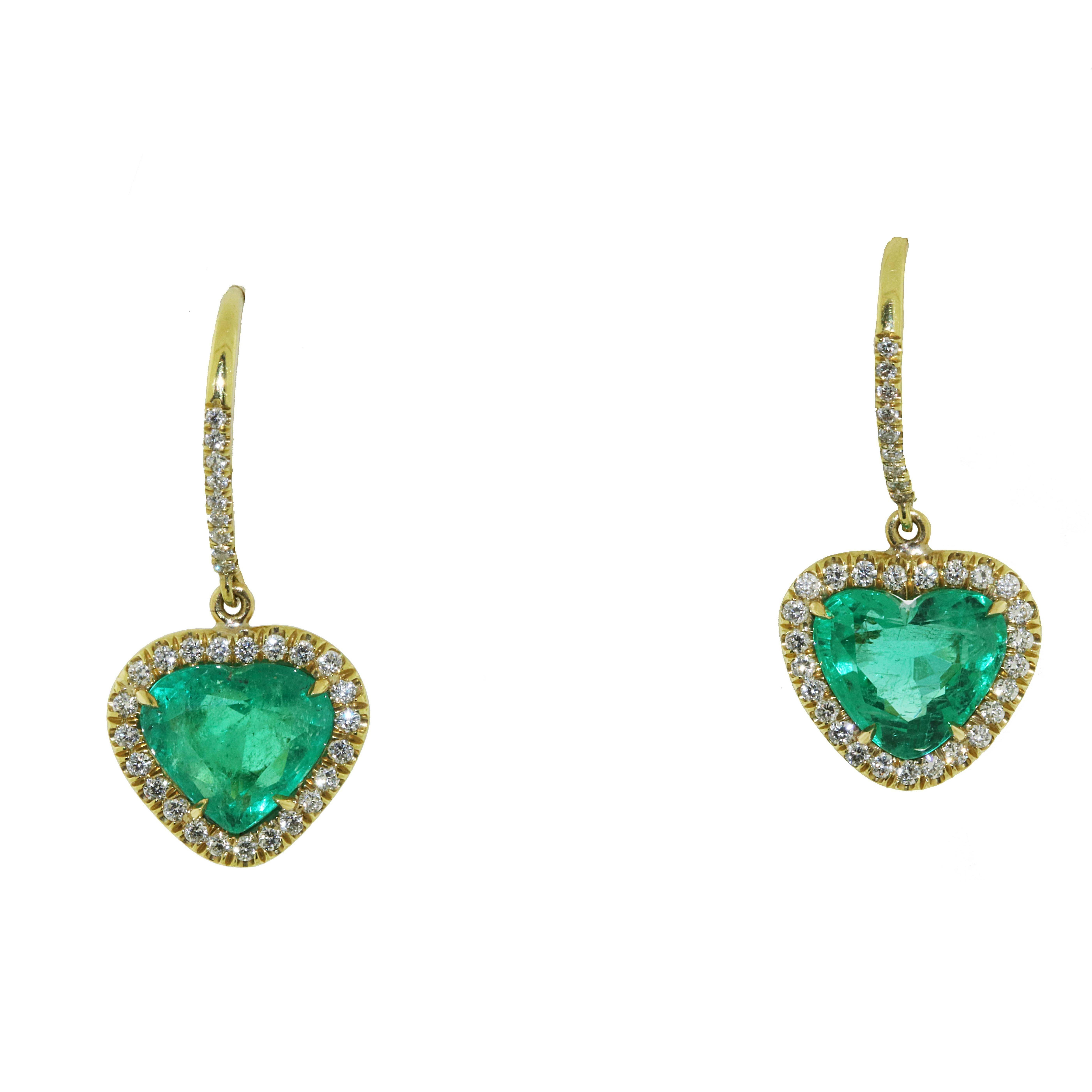 3.79 Carat Green Emerald Drop Heart Shape Earrings with Diamonds in Yellow Gold