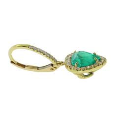 3.79 Carat Green Emerald Drop Heart Shape Earrings with Diamonds in Yellow Gold