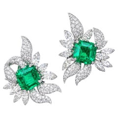 GIA 10.07 Carat Colombia Minor Emerald and Diamond Retro Earrings