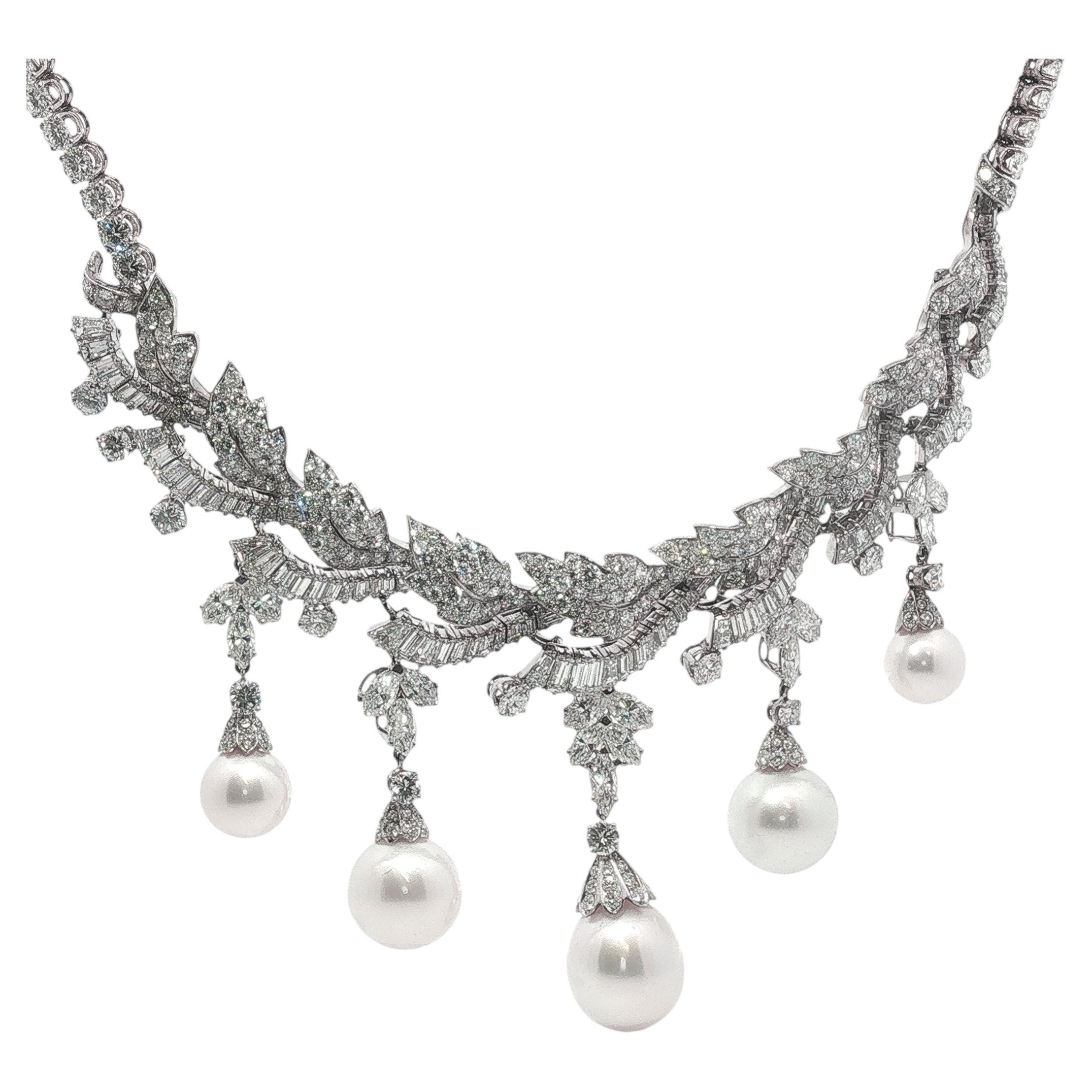 South Sea Pearl & Diamond Fringe Necklace in Platinum, Estate
