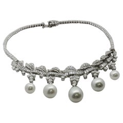 South Sea Pearl & Diamond Fringe Necklace in Platinum, Estate