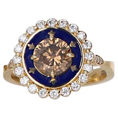 Anello a grappolo con diamanti color cognac e champagne, smalto blu reale, 1,36 carati, oro 18 carati