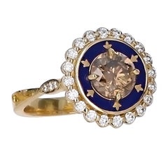 1.36 Carat Cognac Champagne Diamond Royal Blue Enamel Cluster Ring 18K Gold