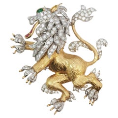 Vintage Hammerman Bros Diamond Emerald Ruby Lion Rampant Brooch Pendant 18K Gold