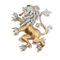 Vintage Hammerman Bros Diamond Emerald Ruby Lion Rampant Brooch Pendant 18K Gold