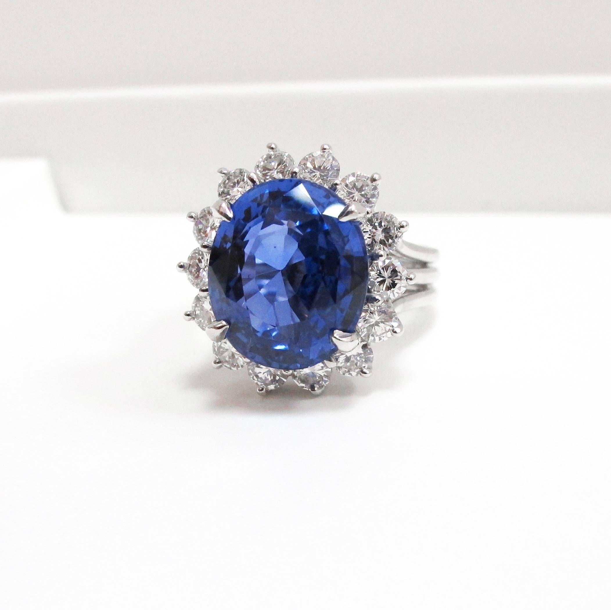 Wow! A true showstopper of a sapphire ring. This 12.19 Ceylon/Sri Lanka no heat sapphire ring is gorgeous. It is extremely rare for a sapphire of this size to have this type of color in it's natural state. Over 90% of sapphires are heated to